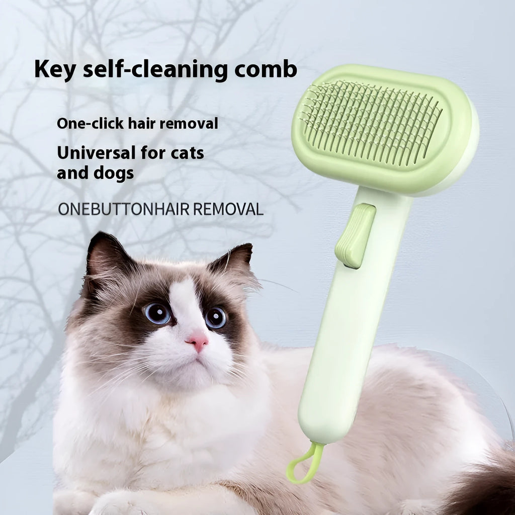 Large pet hair removal comb with stainless steel blade and one-click shaver for cats and dogs in light grey colour
