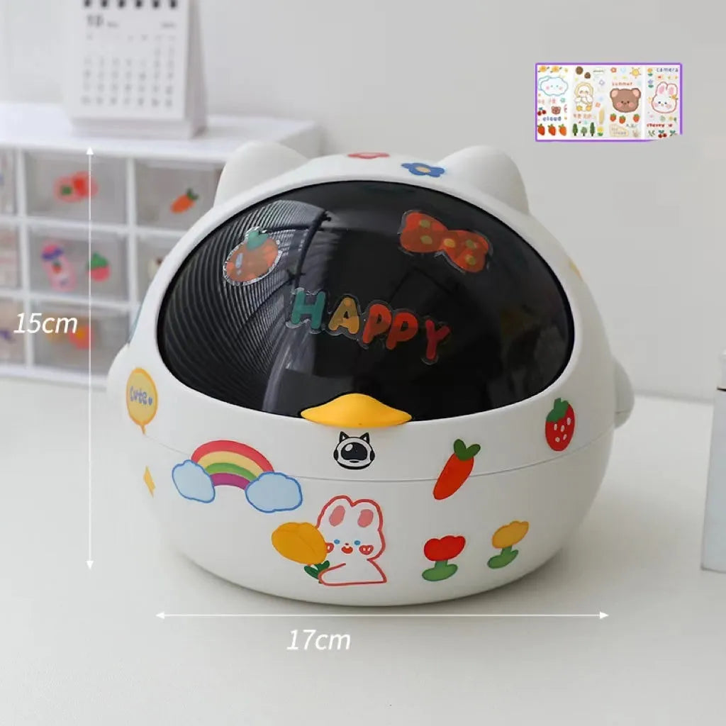 Plastic mini bear shaped desktop trash can with press-type lid in beige gray, includes stickers and garbage bags