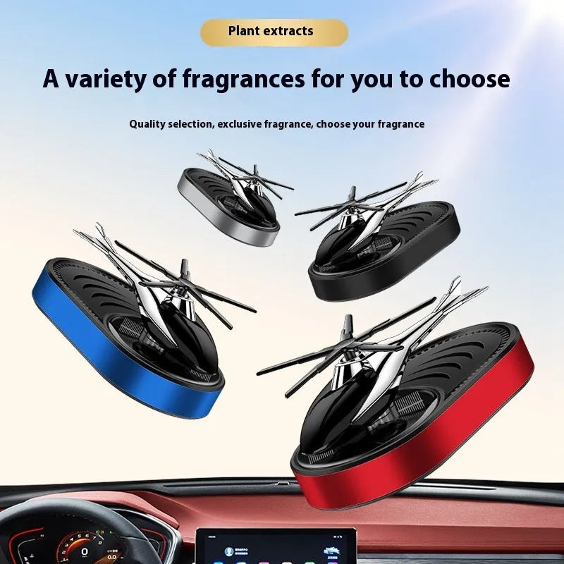 Solar car aromatherapy ornament in black, blue, silver or red plastic with environmentally friendly spice fragrant tablet for dashboard odour removal