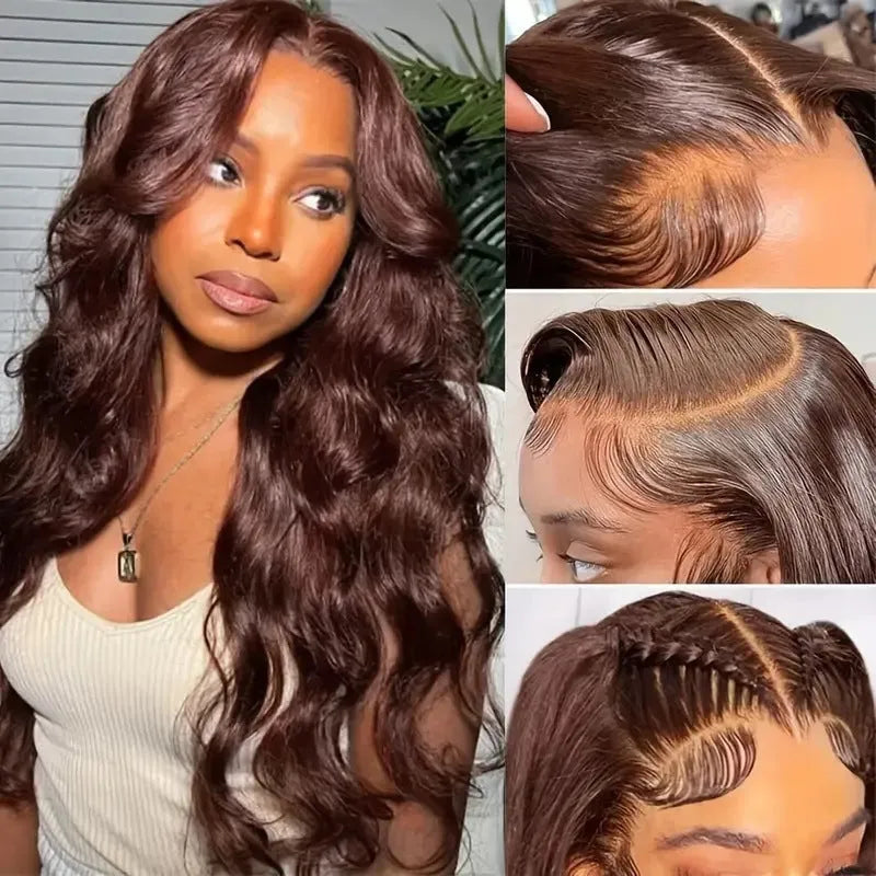 Women's front lace wig with long curly hair and side bangs in dark brown colour