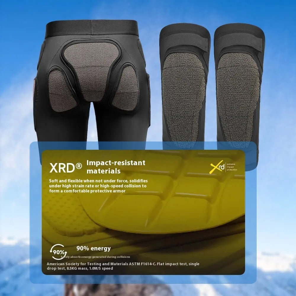 X-ray diffraction ski protective gear showing anti-fall hip pad and knee pad inner wear.