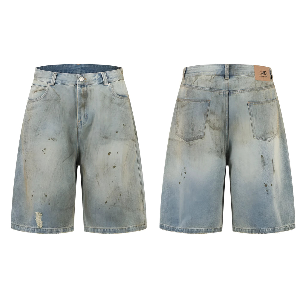 Blue cropped washed denim middle pants with a straight leg and zipper fly on a model.