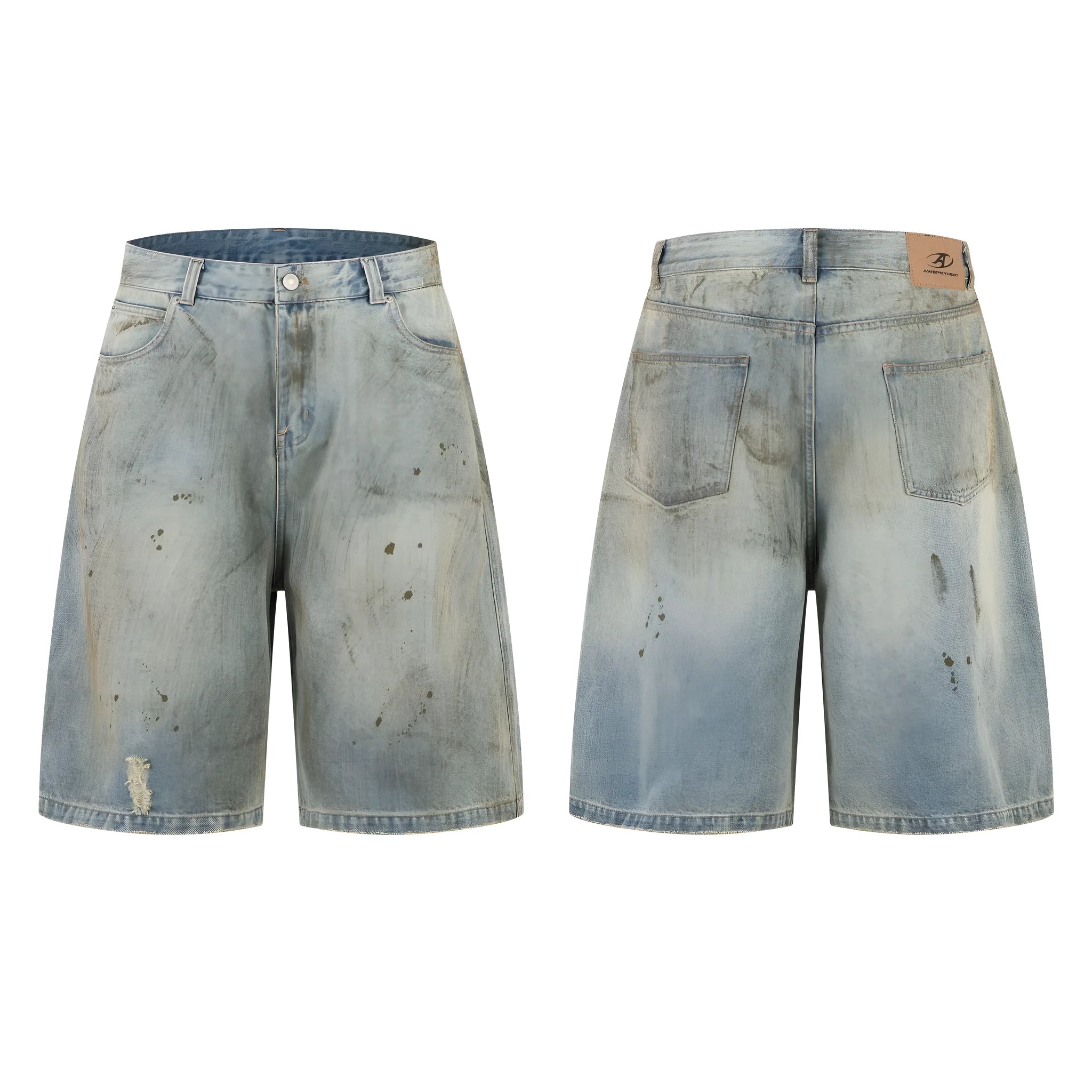 Blue cropped washed denim middle pants with a straight leg and zipper fly on a model.