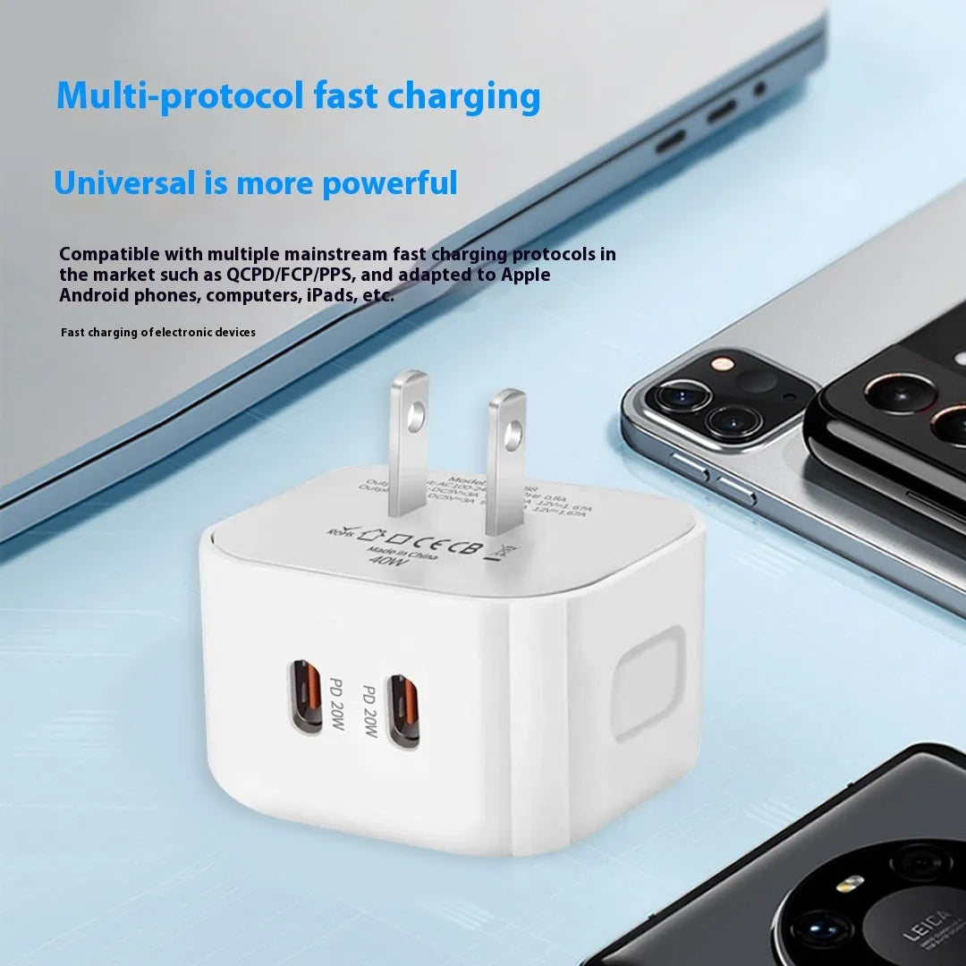 White PD40W USB-C fast charger head with Type-C interface, shown as a single mains wall plug.