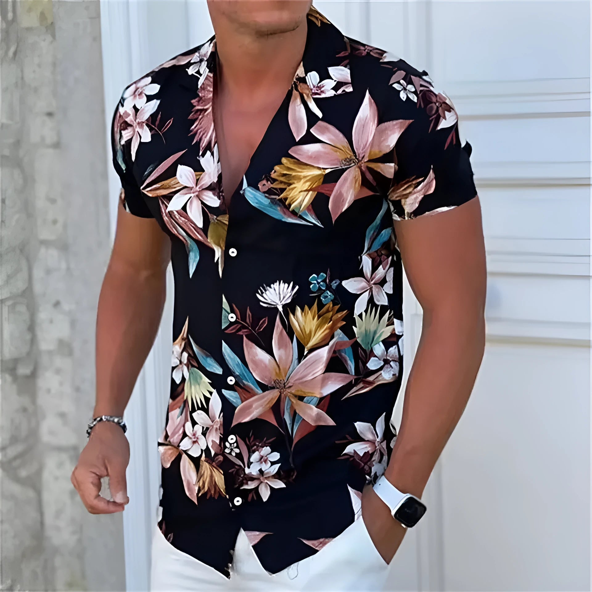 Men's floral printed beach shirt in loose cardigan style with short sleeves