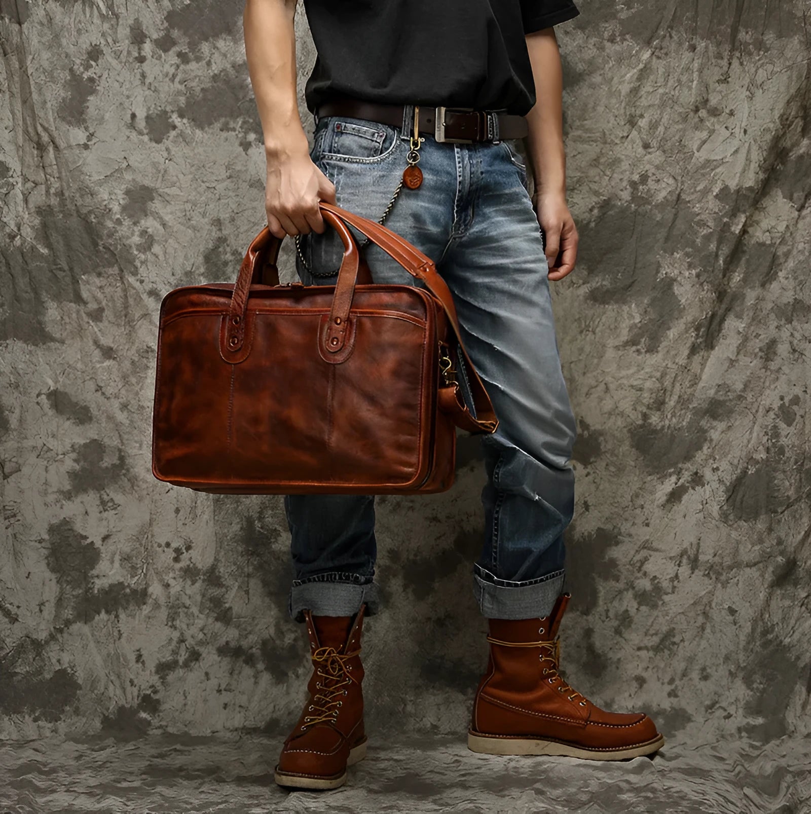 Brown vintage leather men's briefcase open showing internal laptop sleeve and multiple organisation pockets