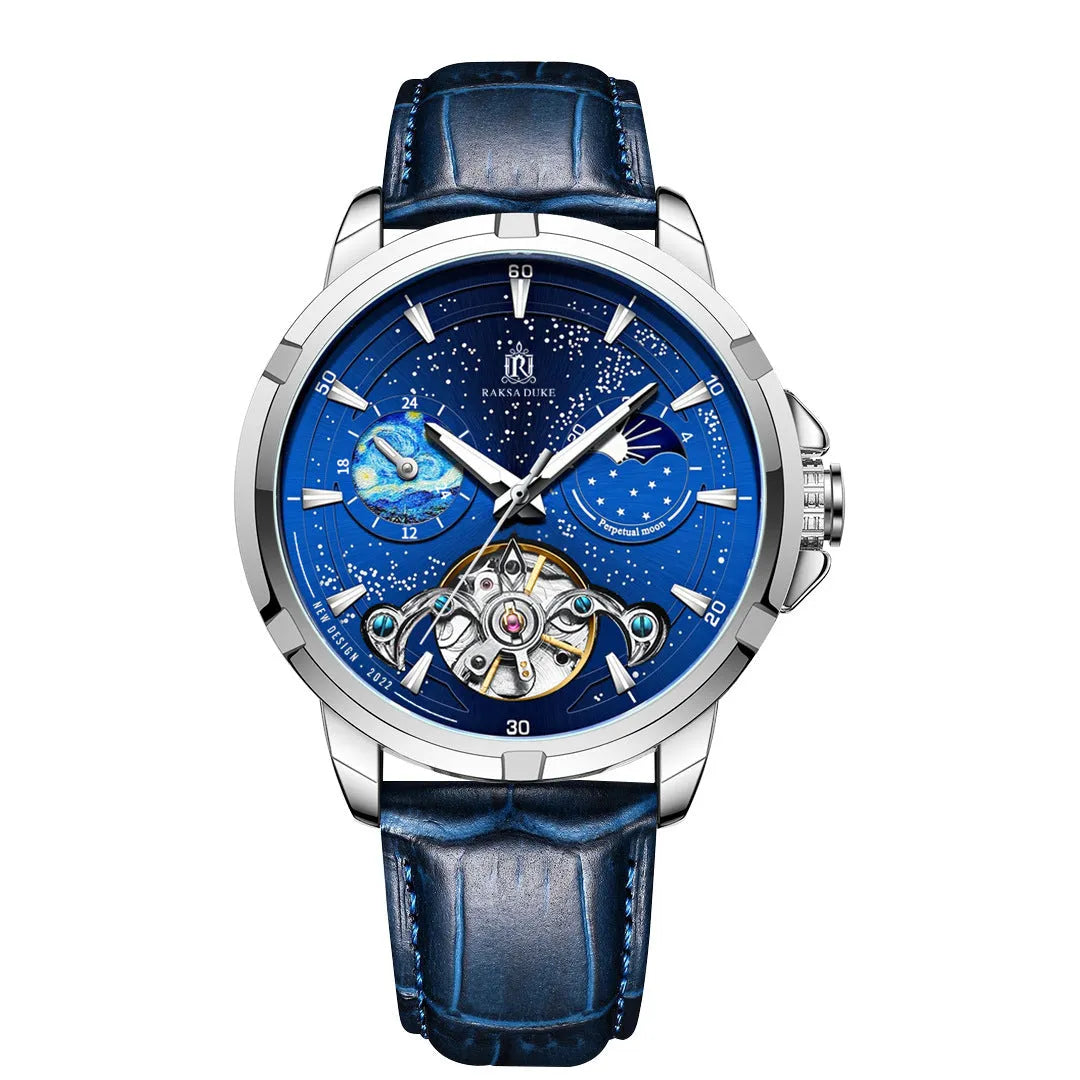 Men's automatic mechanical watch with blue dial and stainless steel case.