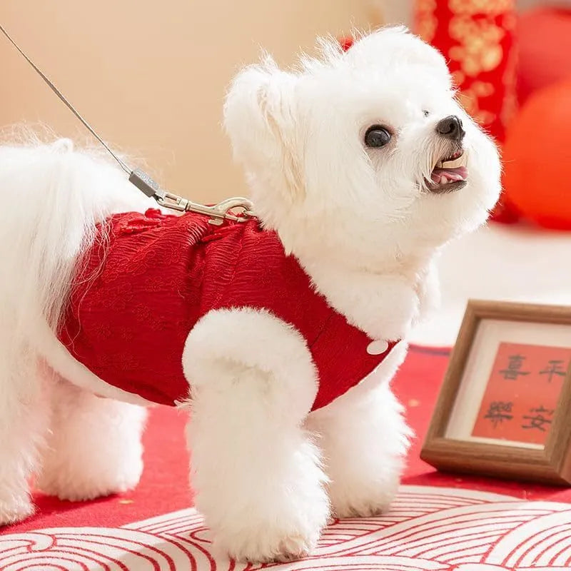 Red Chinese-style thermal cotton dog outfit for small breeds with festive New Year design