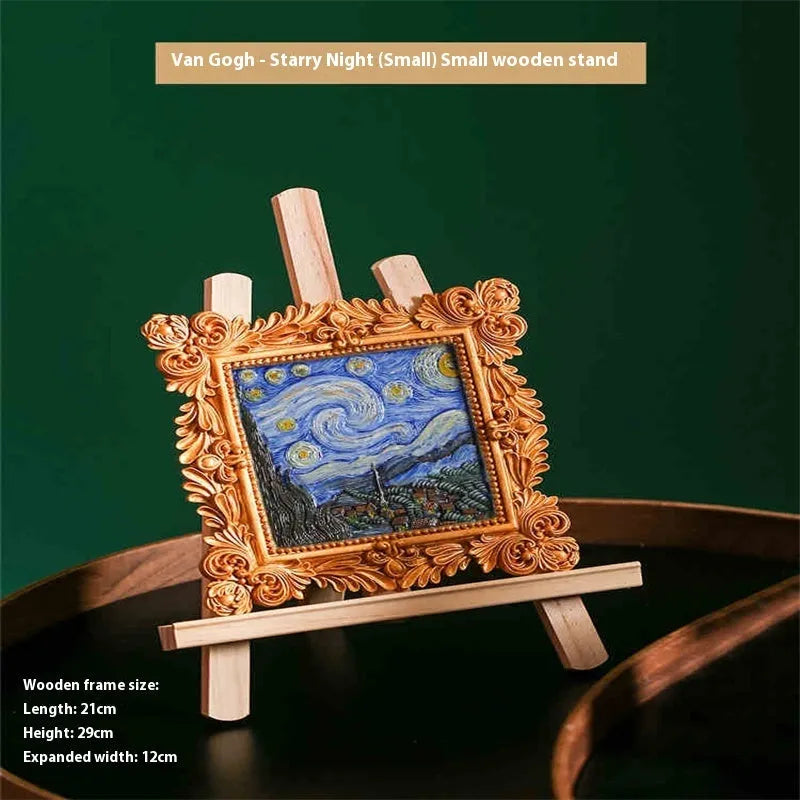DIY oil painting kit with colour pots, brushes, and a canvas showing Van Gogh's Starry Night design.