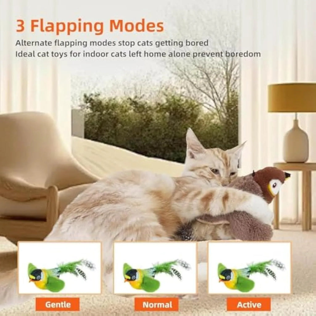 Flappy Chase cat toy with flapping wings and chirping sparrow simulation in Blue, Grey, or Green