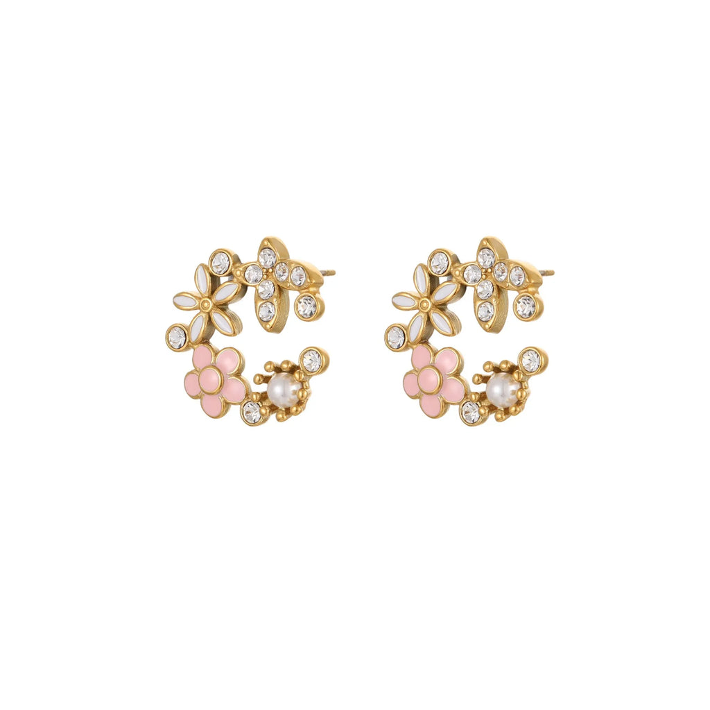 Flower stud earrings with colourful electroplated petals on gold-plated stainless steel