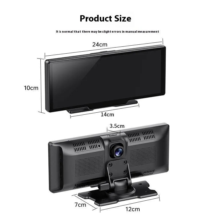 10-inch black car touchscreen head unit with Apple CarPlay interface displayed, mounted on a car dashboard.
