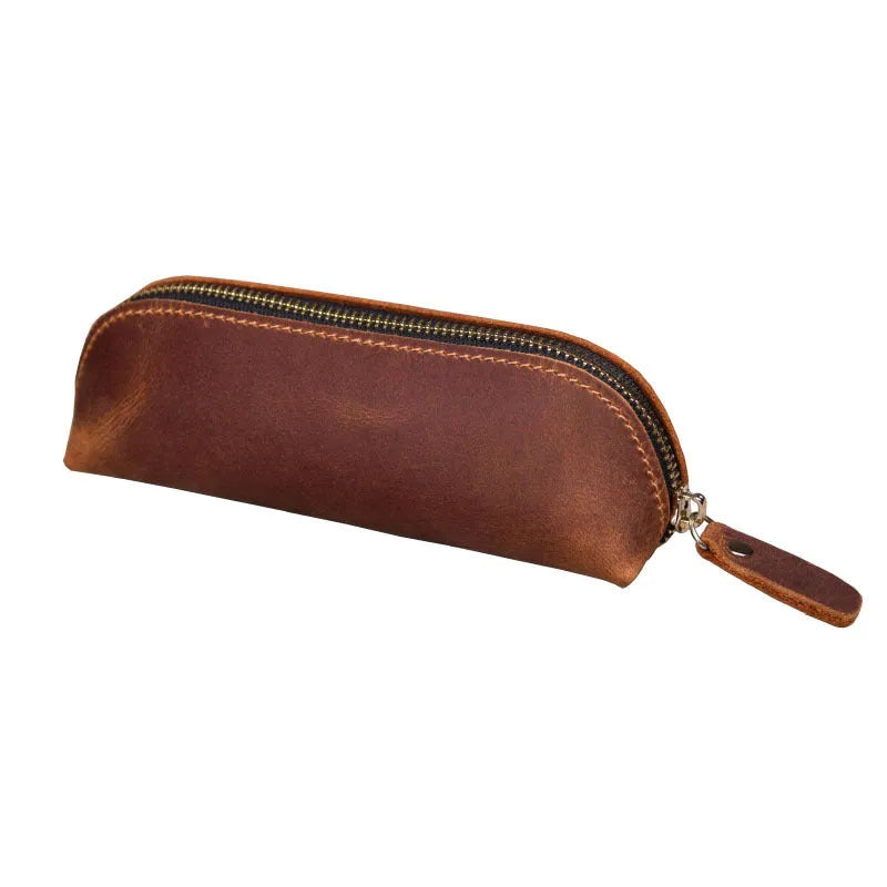 Handmade square leather pencil case with zipper closure measuring 18cm long in black cowhide
