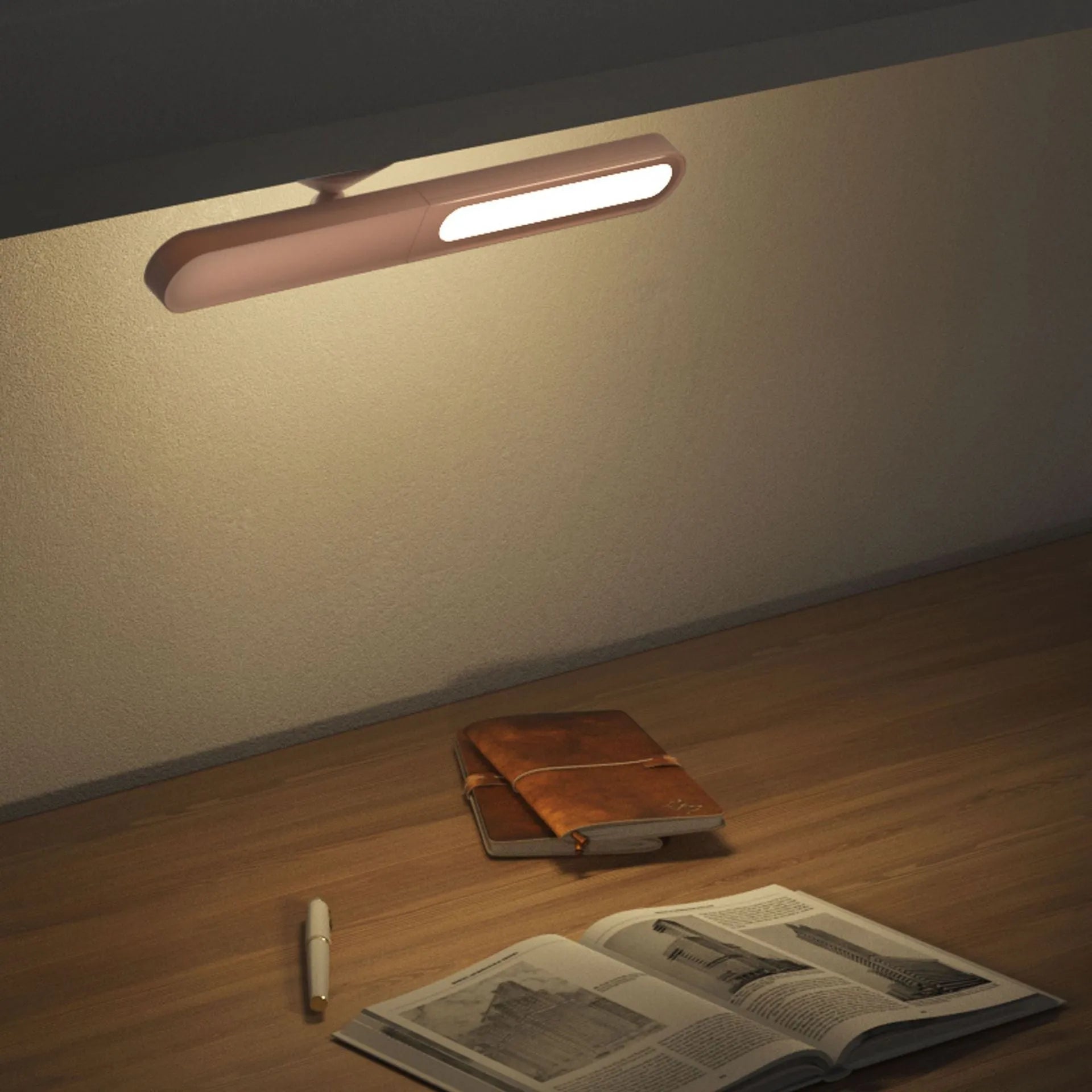 Creative geometric desk lamp in white with magnetic suction base and touch switch, USB powered