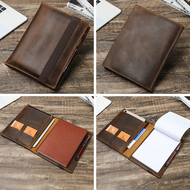 Brown Crazy Horse leather A5 notebook protective sleeve with socket type closure