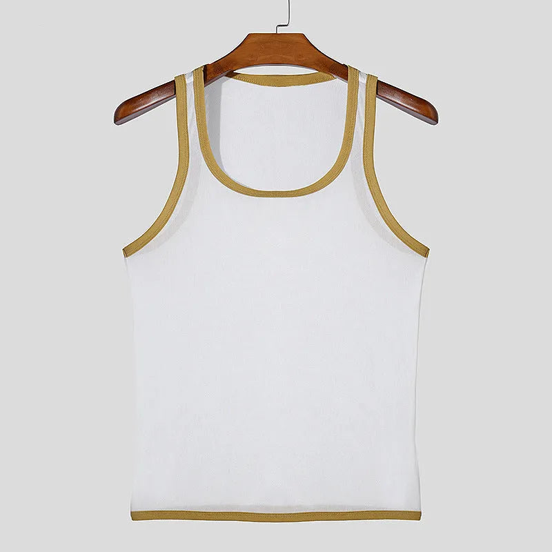Men's white polyester mesh fitness vest with straight hem design for sports training