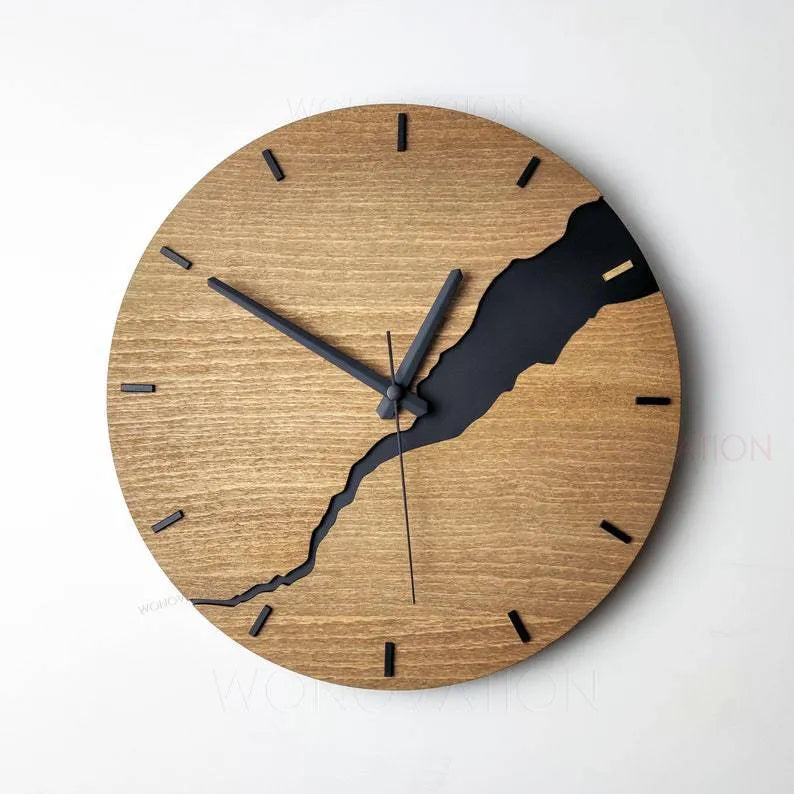 Modern wooden wall clock with a crackle-finish dial shown in one of five available colours.