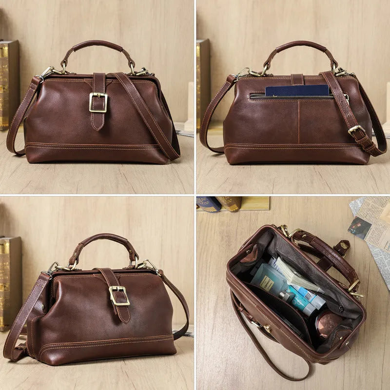 Reddish brown genuine leather women's shoulder messenger bag with sewing line details and crossbody strap