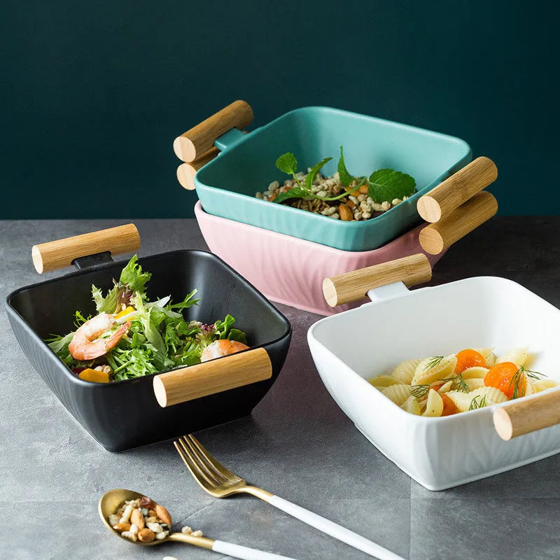 Modern irregular-shaped porcelain bowl with lid in black, green, pink, or white.