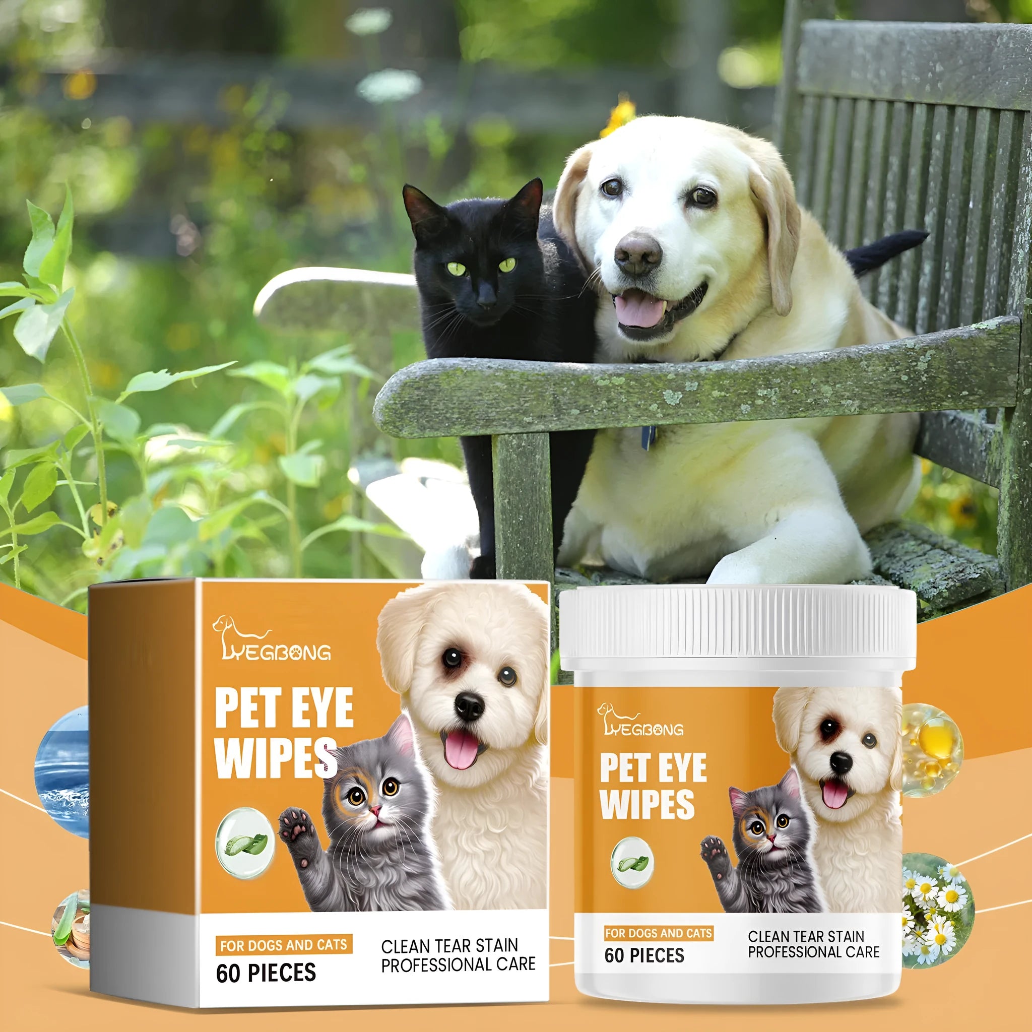 Box of 60 pieces dogs and cats eyes wet wipes for tear stain removal on a white background