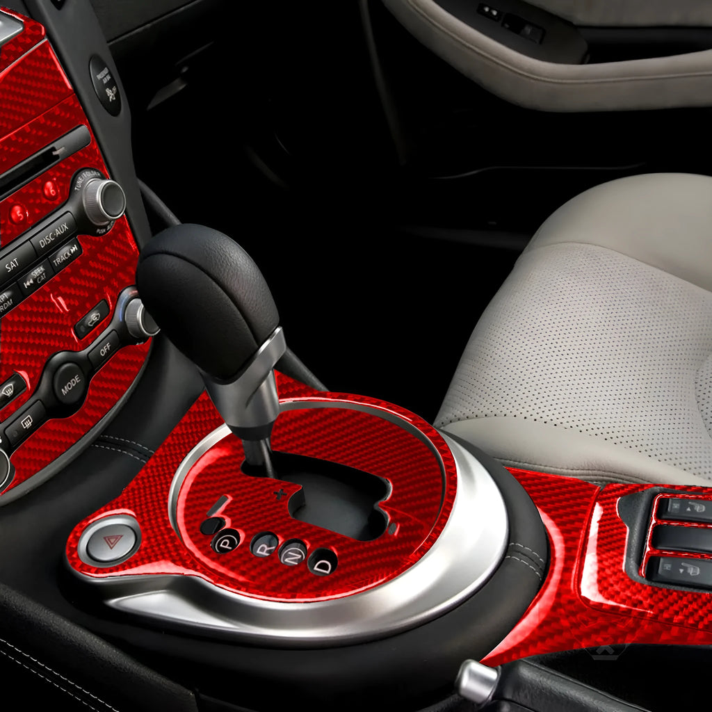 Carbon fibre 370Z central control gear multimedia panel trim set, 10-piece red, 232mm x 172mm
