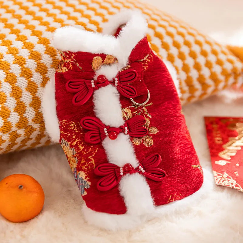 Chinese New Year pet vest with Chinese knot buttons, faux fur trim, and built-in leash ring in red or beige
