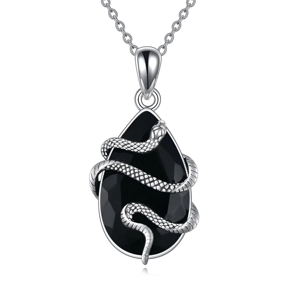 Sterling silver snake necklace with black obsidian and tourmaline teardrop crystal on an 18-inch cable chain