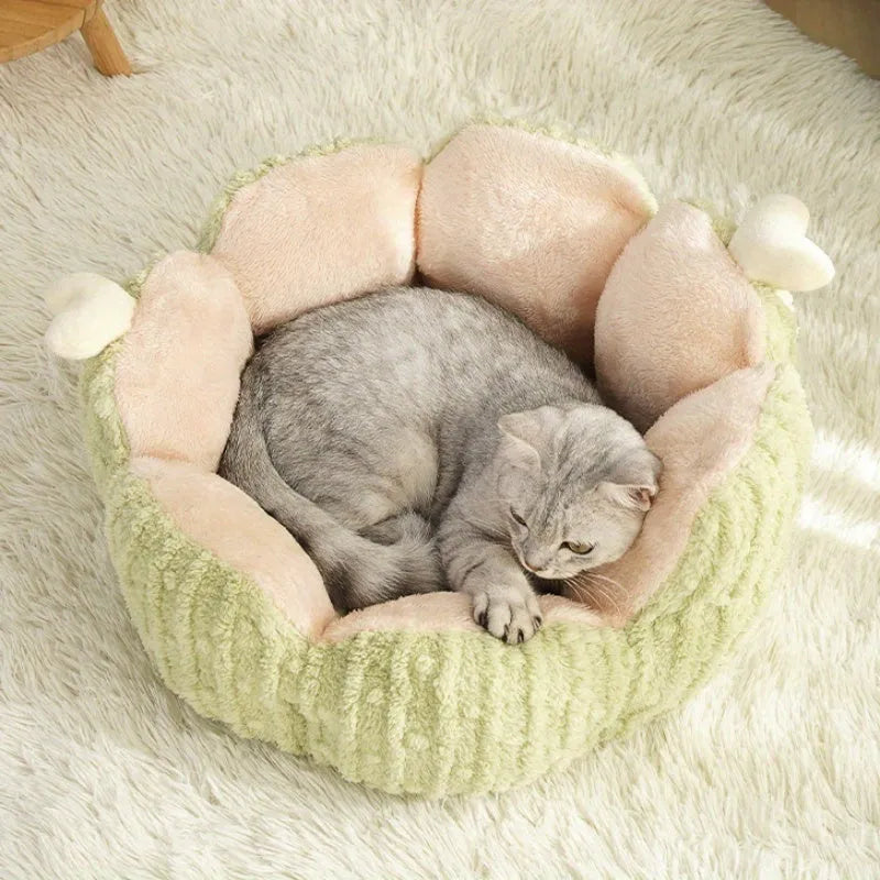 Green cactus design soft pet bed for cats or small dogs on a wooden floor.