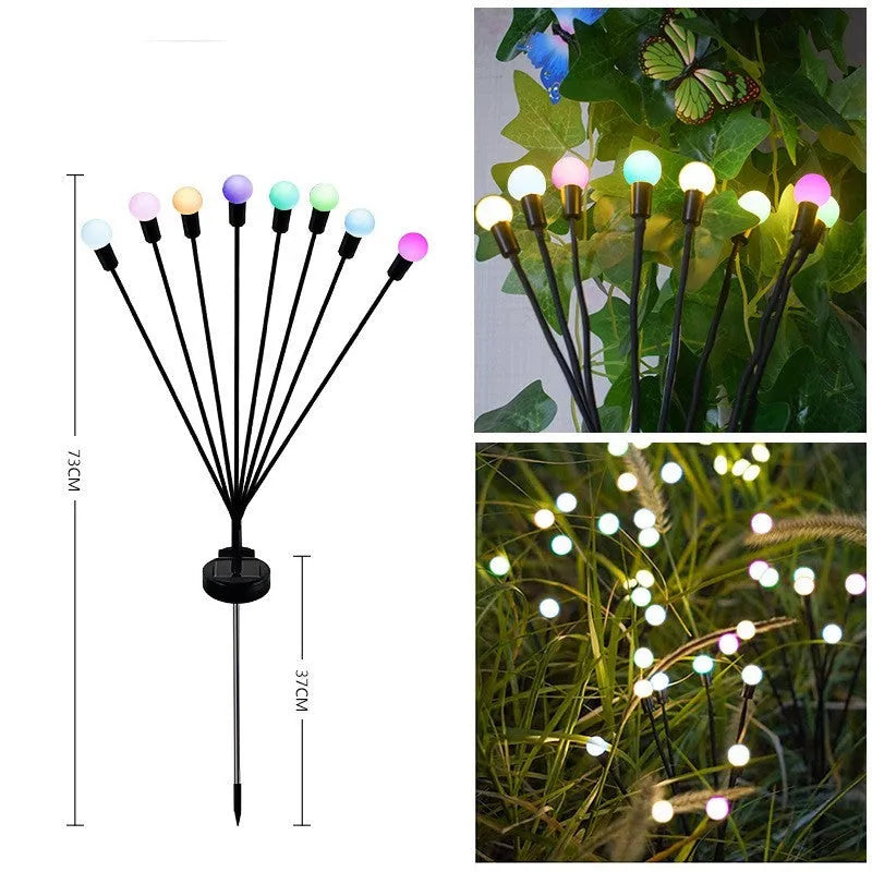 Solar-powered LED firefly ground lamp with multiple light heads for garden pathway illumination