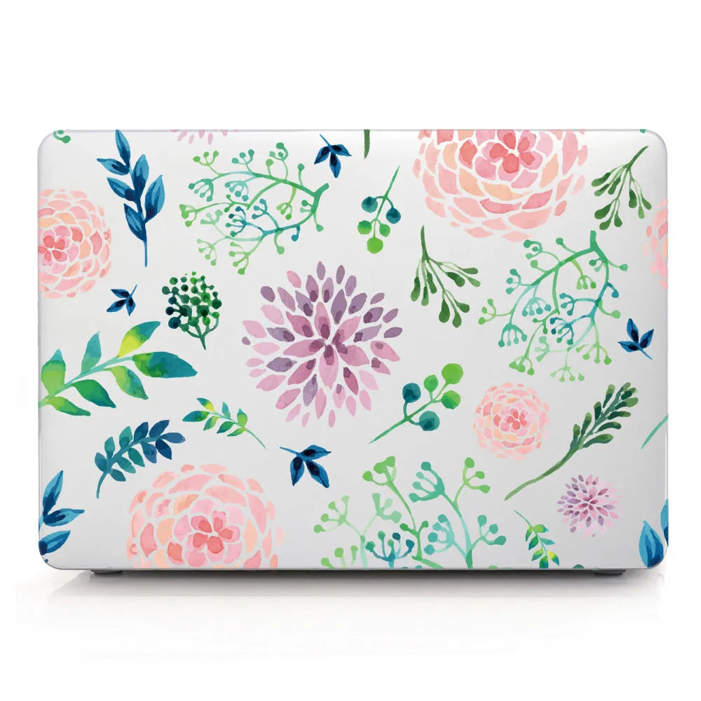 MacBook protective shell with floral pattern design covering laptop top and bottom surfaces