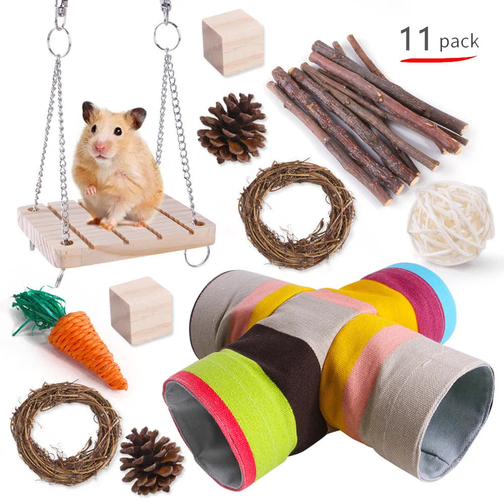 Wooden chew toy set for small pets with natural fibre components including straw mats and woven balls