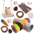 Wooden chew toy set for small pets with natural fibre components including straw mats and woven balls