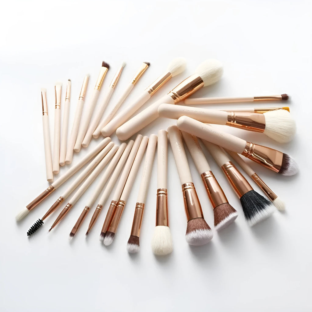 26 pink-handled makeup brushes with wool bristles in a PU travel case