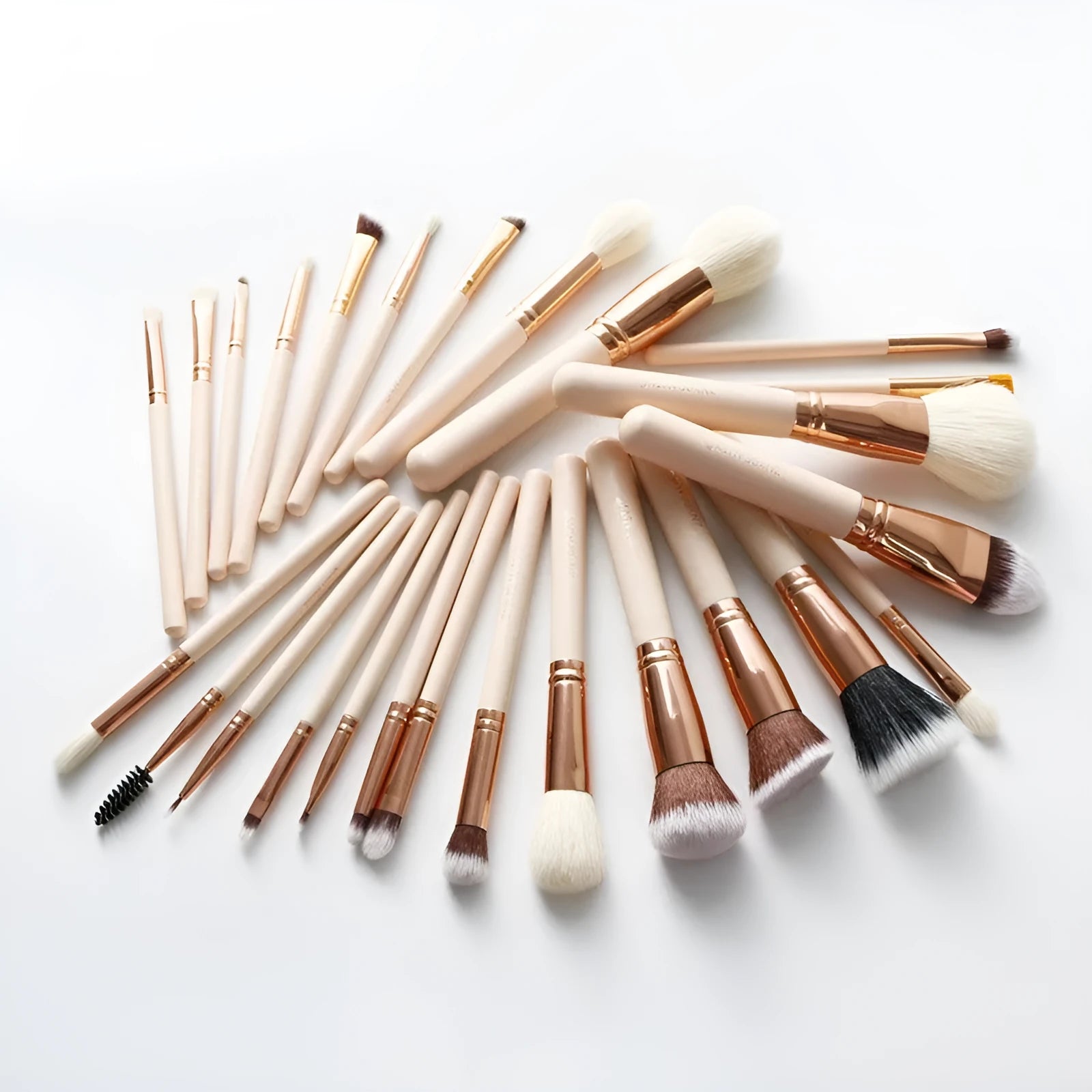 26 pink-handled makeup brushes with wool bristles in a PU travel case