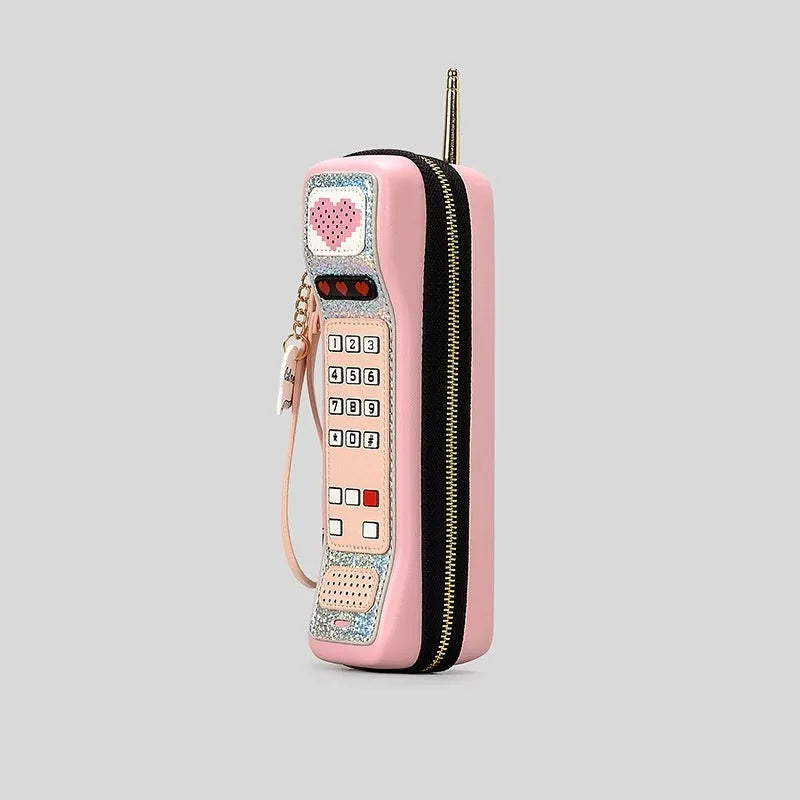 Phone-shaped PU handbag in contrast colour with vertical square form, available in black