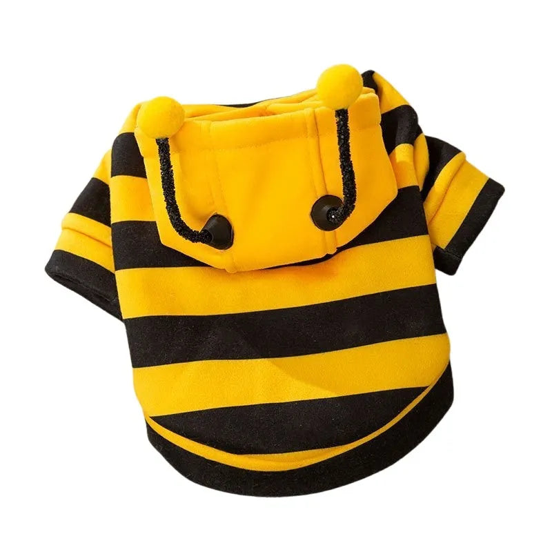 Yellow black bee stripe pet hoodie with flexible antennae on hood and belt hook on back, for dogs and cats