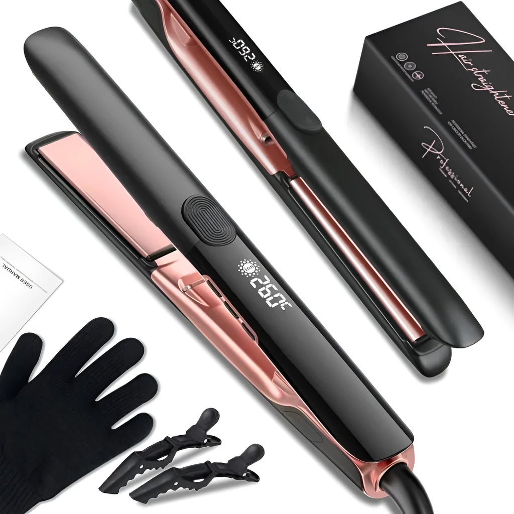 Anion hair straightener with ceramic plates showing temperature display and EU plug