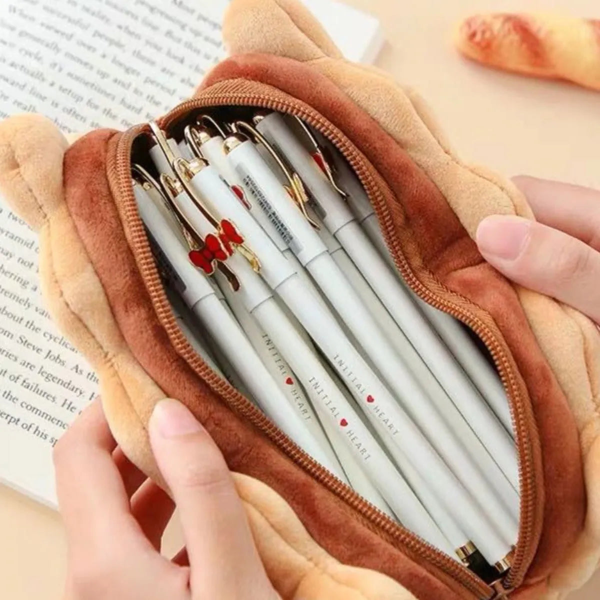 Plush sandwich biscuit pencil bag in cookie design, soft cartoon pencil case for stationery storage