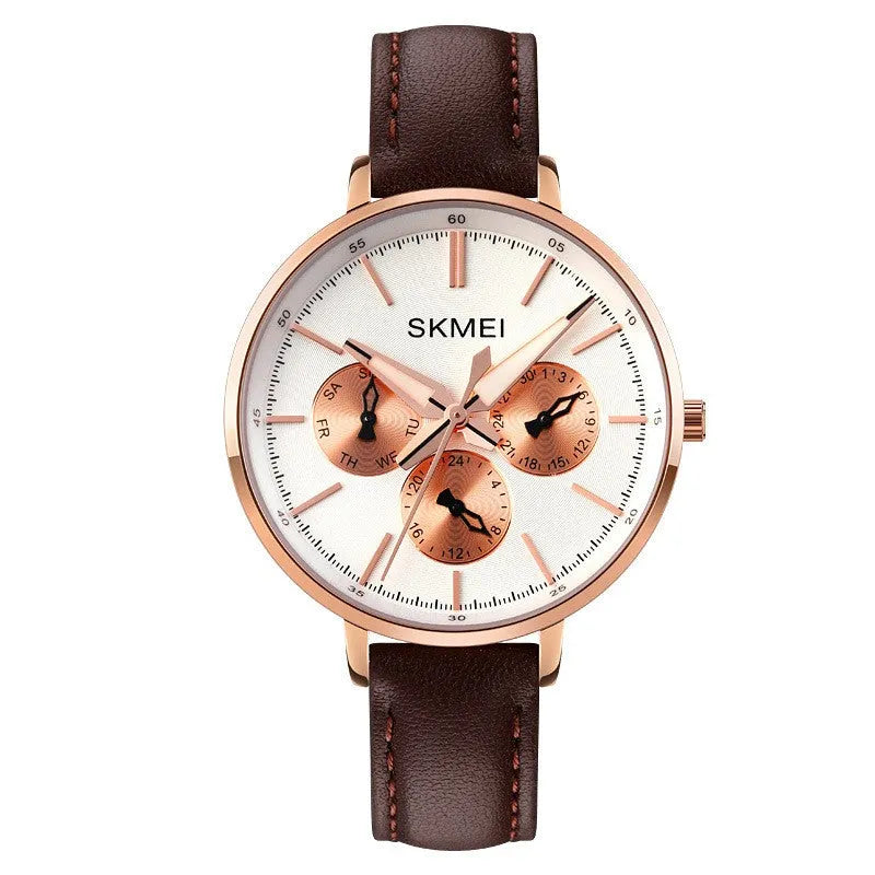 Women's retro round quartz watch with genuine leather strap, rose gold case, black strap, 38mm dial