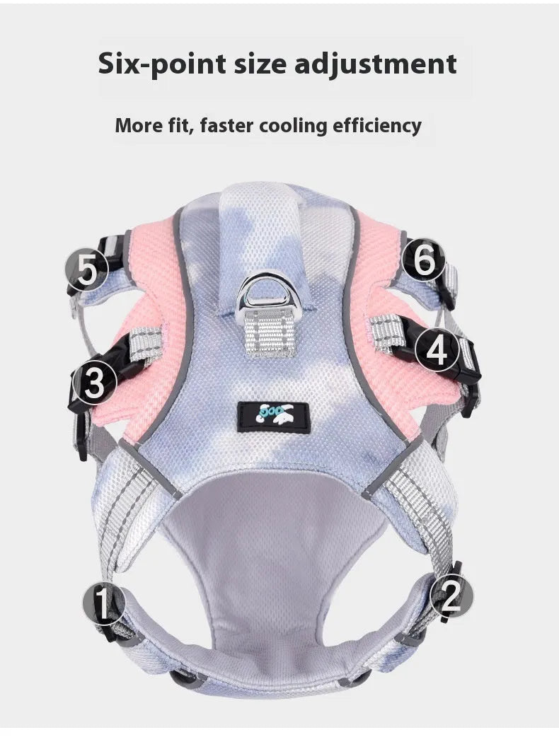 Reflective polyester chest strap for pet cooling clothes in multiple sizes and colours.