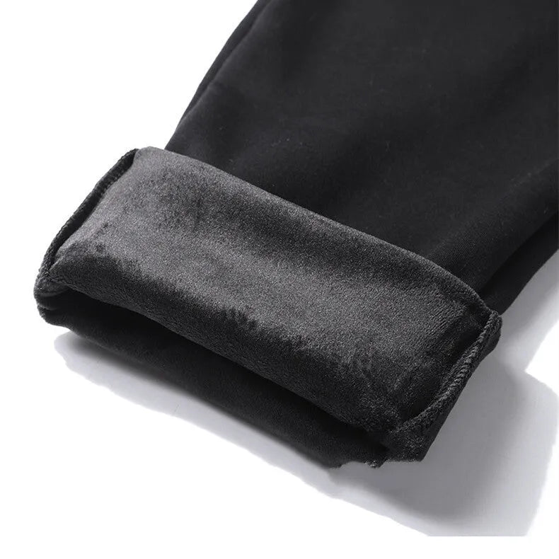Men's casual loose straight-leg cotton-look sweatpants with fleece lining in black, front view