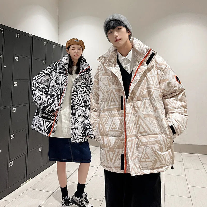 Men's winter thickening down jacket with white duck down filler in camouflage pattern, black colour