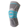 Sky blue silicone grip knee pad for sports, shown in elastic fibre material.