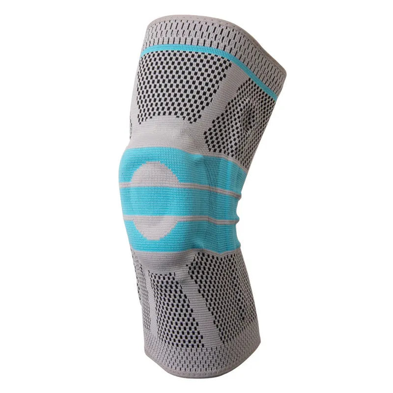 Sky blue silicone grip knee pad for sports, shown in elastic fibre material.