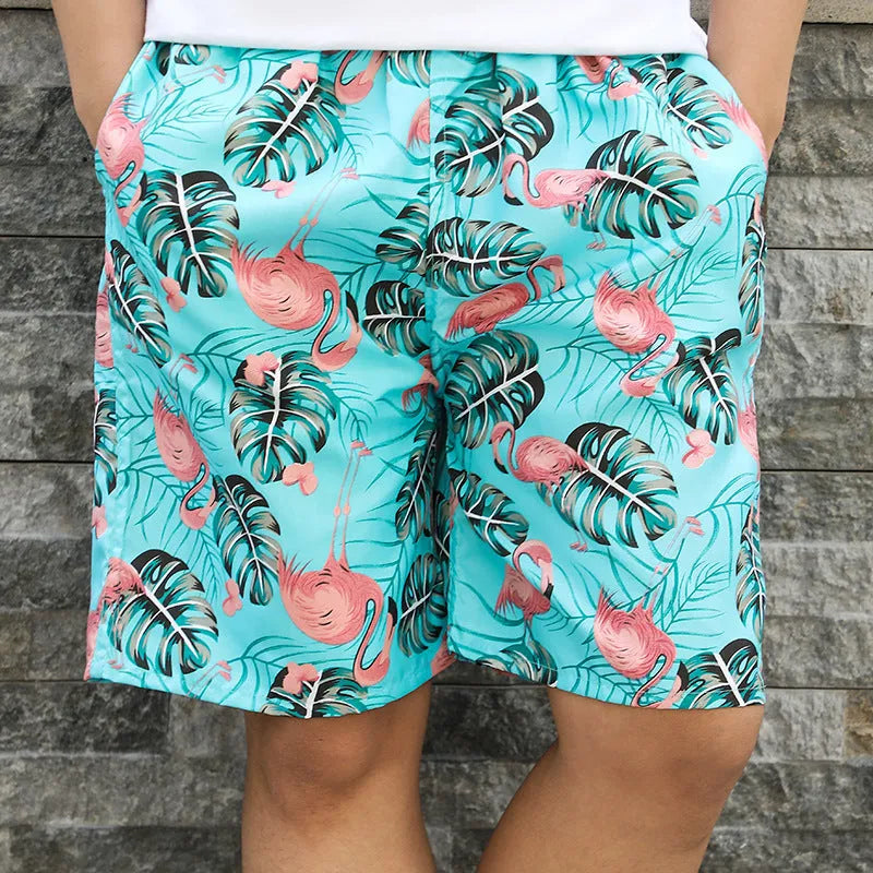 Men's floral printed swimming trunks in polyester with five-point design for beach and pool use