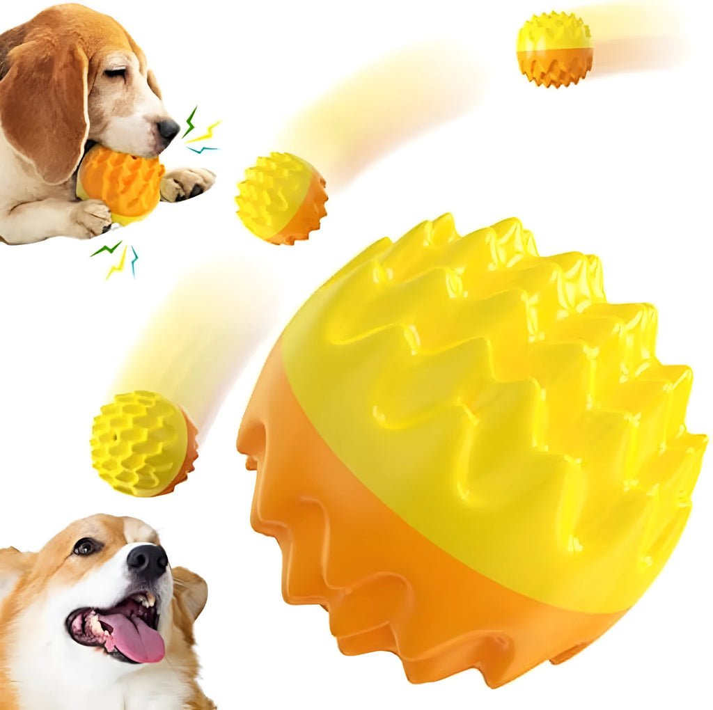 Blue squeaky rubber dog ball with spiked surface for dental cleaning and aggressive chewers