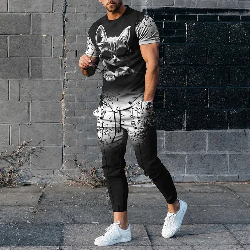 Man wearing a thin, short-sleeve polyester blend pullover and matching trousers from a sports tracksuit set.