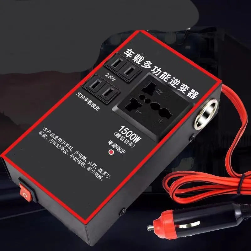 Black automotive power converter for 12V/24V to 220V conversion with AC socket and four USB ports