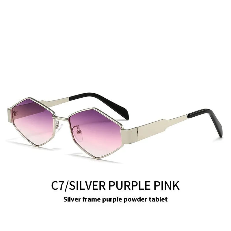 Metal polygon rhombus sunglasses with hexagonal frame in gold and blue lens