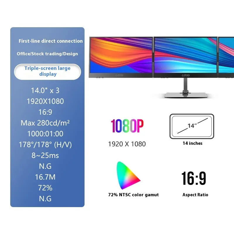 HD 14-inch dual screen LCD monitor with IPS panel in black, 1920x1080 resolution, USB connection
